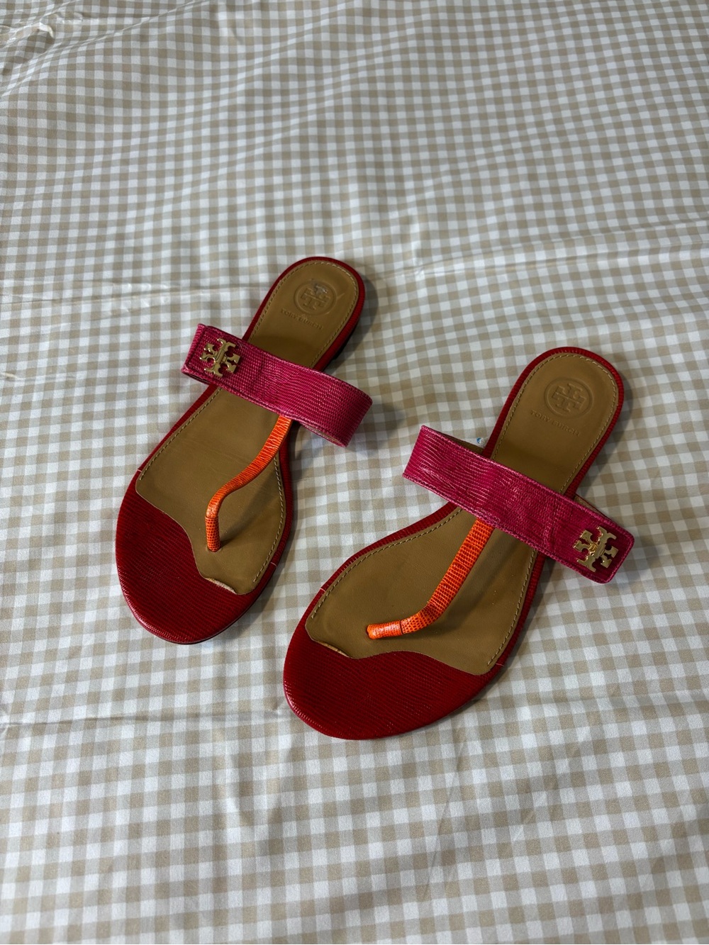 Tory Burch Kira Thong Sandals Embossed Leather Colorblock Flip Flops